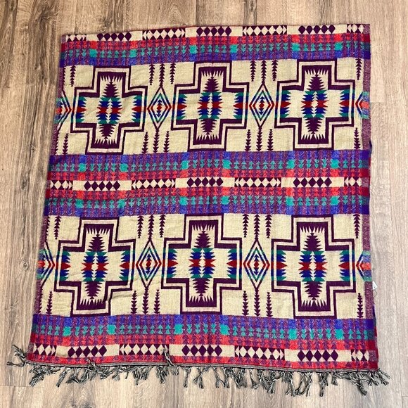 Mexicali Blues Reversible Tan Purple Western Indian Aztec Blanket Scarf - Picture 2 of 14